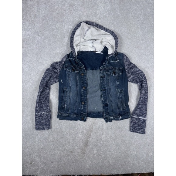 Free People Women's Cotton Denim Jean Woven Knit Sleeves Hoodie Jacket Blue Gray - Picture 4 of 10